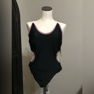 Black and croquet one piece bathing suit